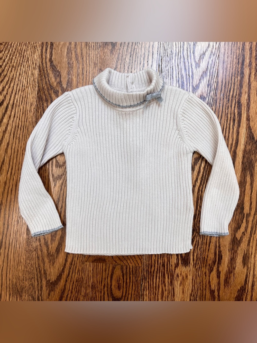 Jacadi Paris Beige Ribbed Turtleneck Sweater with Gray Trim